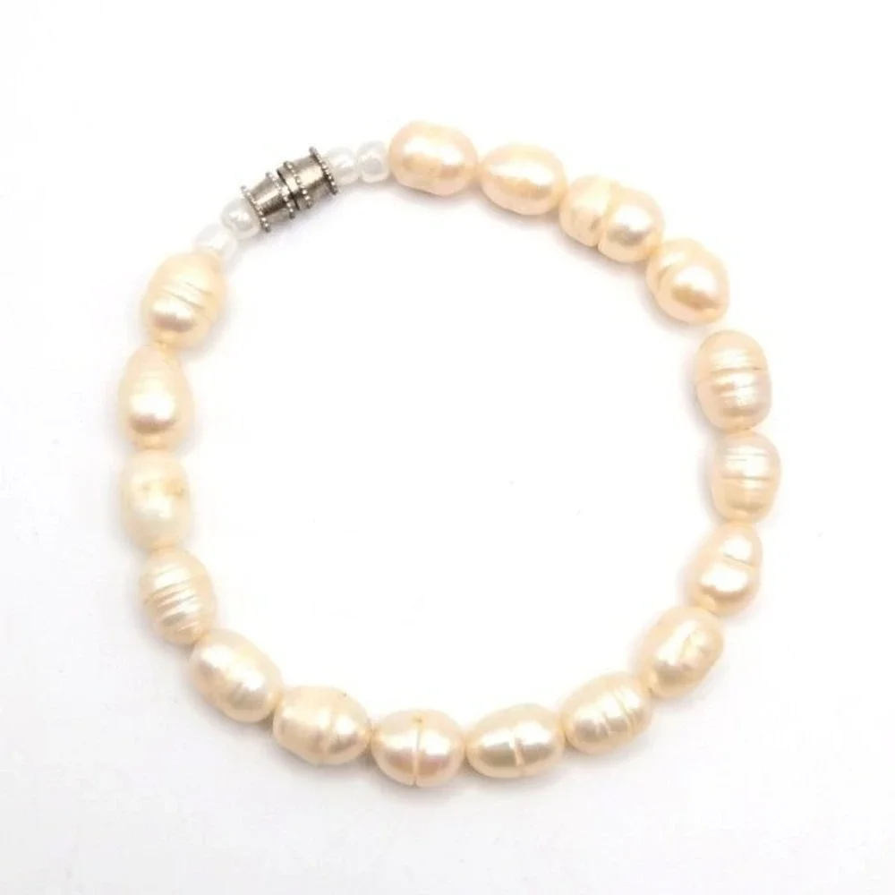 Handmade Cream Colored Baroque Freshwater Pearl Bracelet Silvertone Barrel Clasp